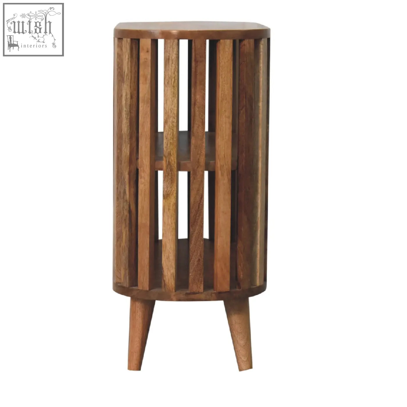 A cylindrical wooden ariella chest side table with vertical slats tapered legs in oak-ish mango wood finish