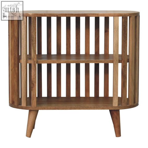 A sleek ariella chest side table in oak-ish mango wood with oval shape vertical slats and two shelves