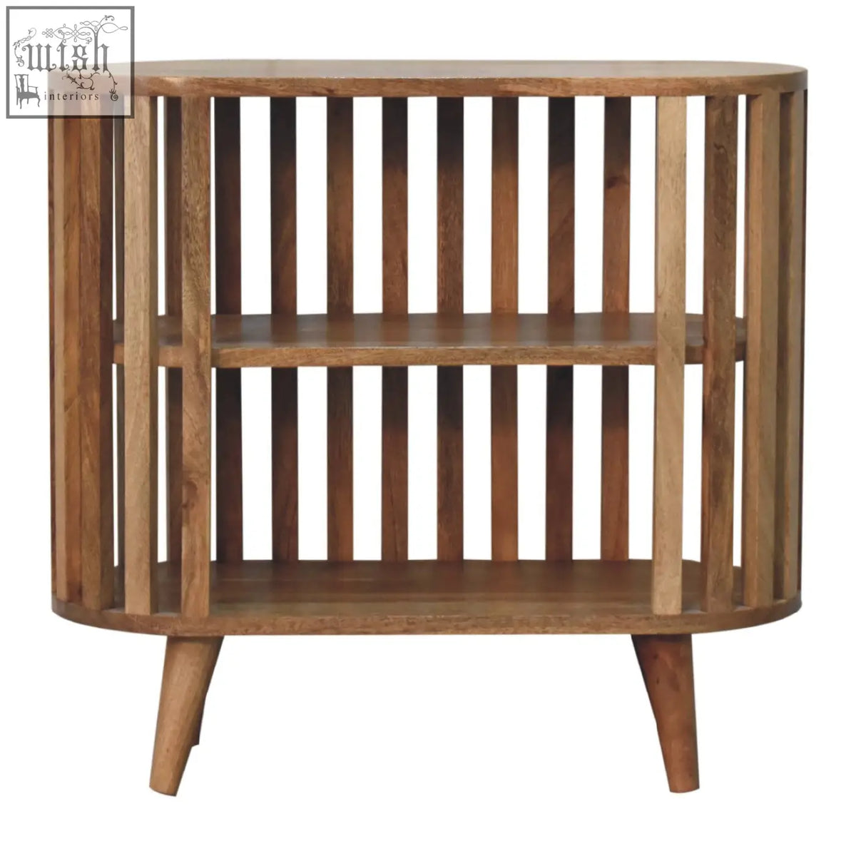 Sleek ariella chest of drawers in oak-ish mango wood with japanese design and vertical slats shelves