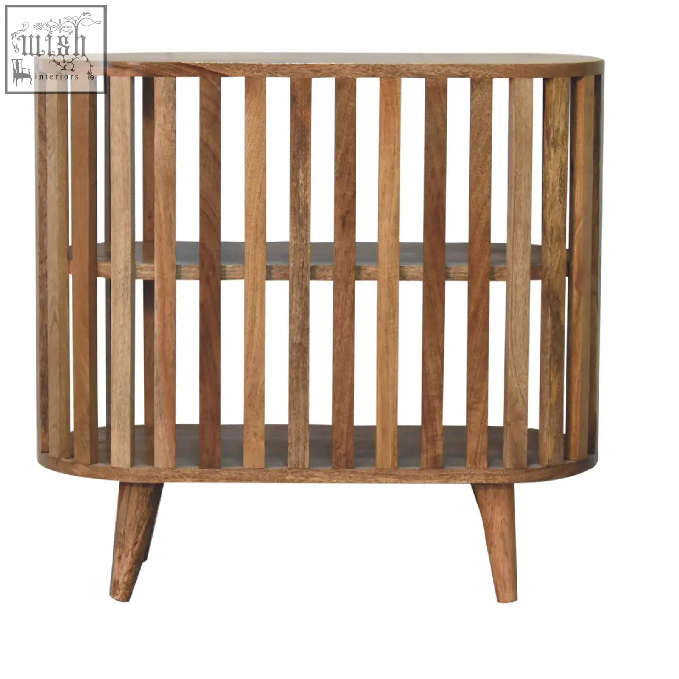 A sleek ariella chest of drawers in oak-ish mango wood with vertical slats and tapered legs
