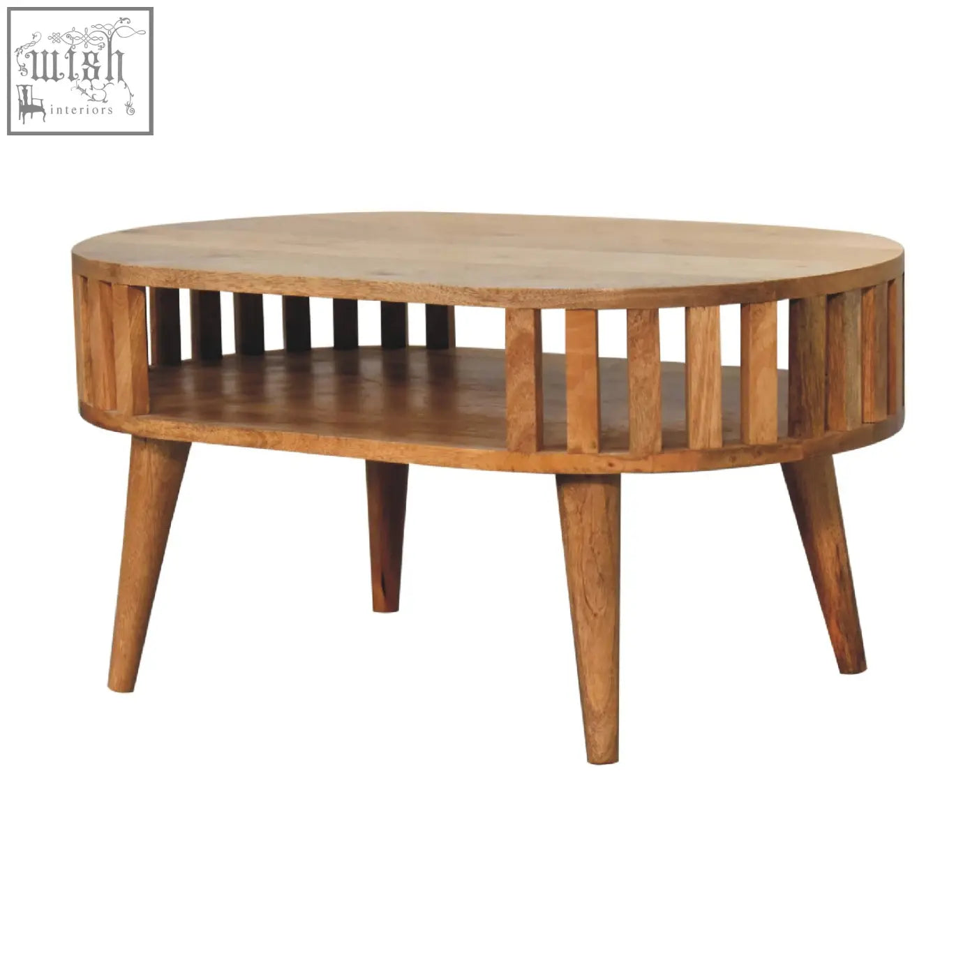 A mid-century modern ariella coffee table with solid mango wood warm finish and vertical slats lower shelf