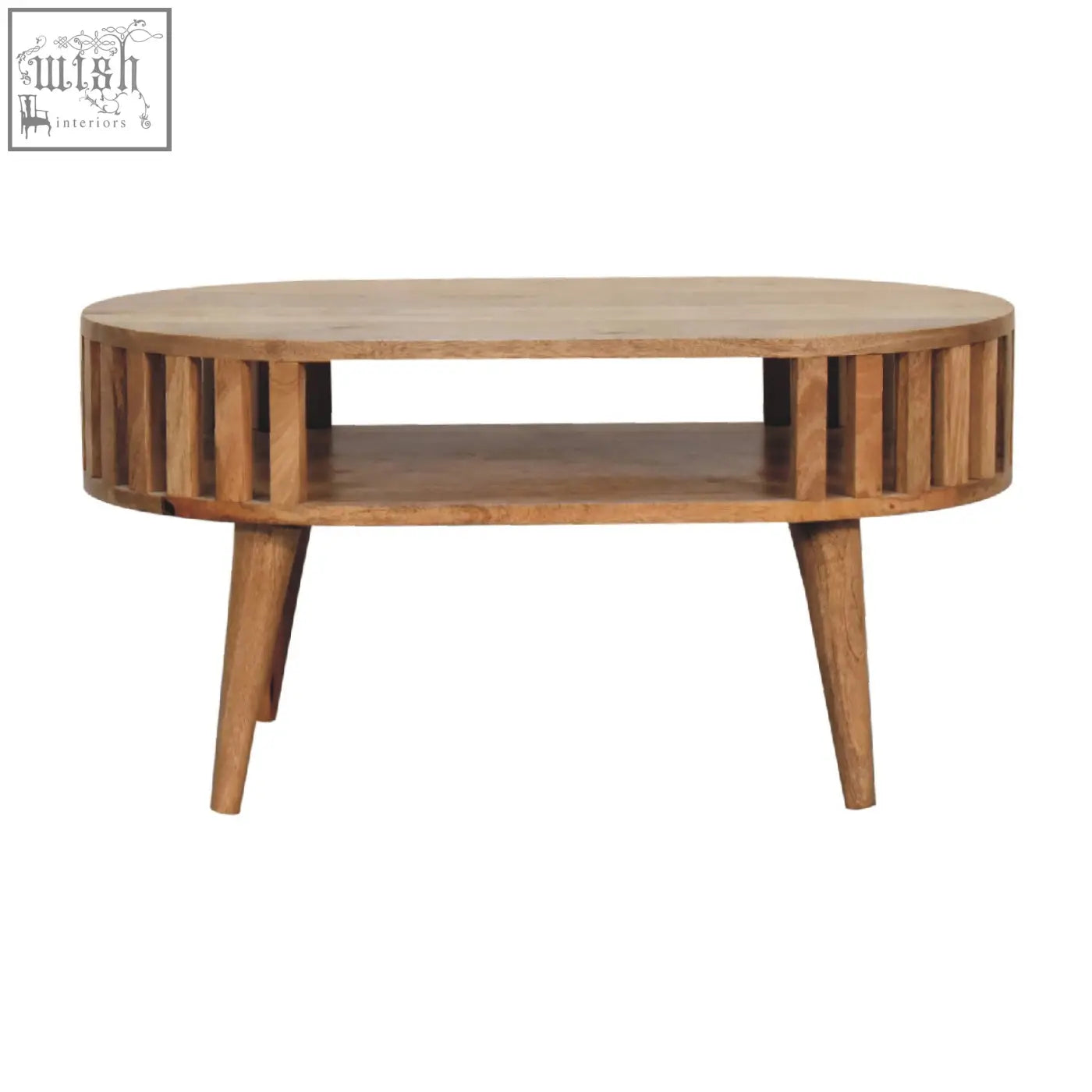 Ariella coffee table with oval solid mango wood top, light brown finish, vertical slats, and tapered legs
