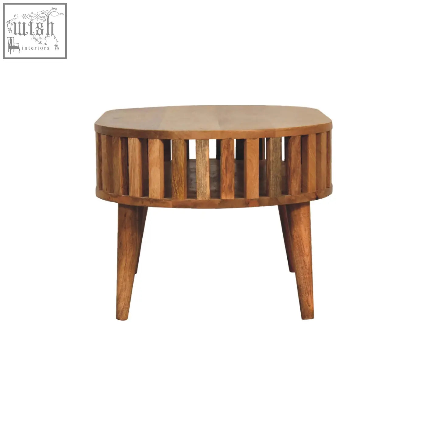 Ariella coffee table made of solid mango wood with a round slatted top and tapered mid-century modern legs