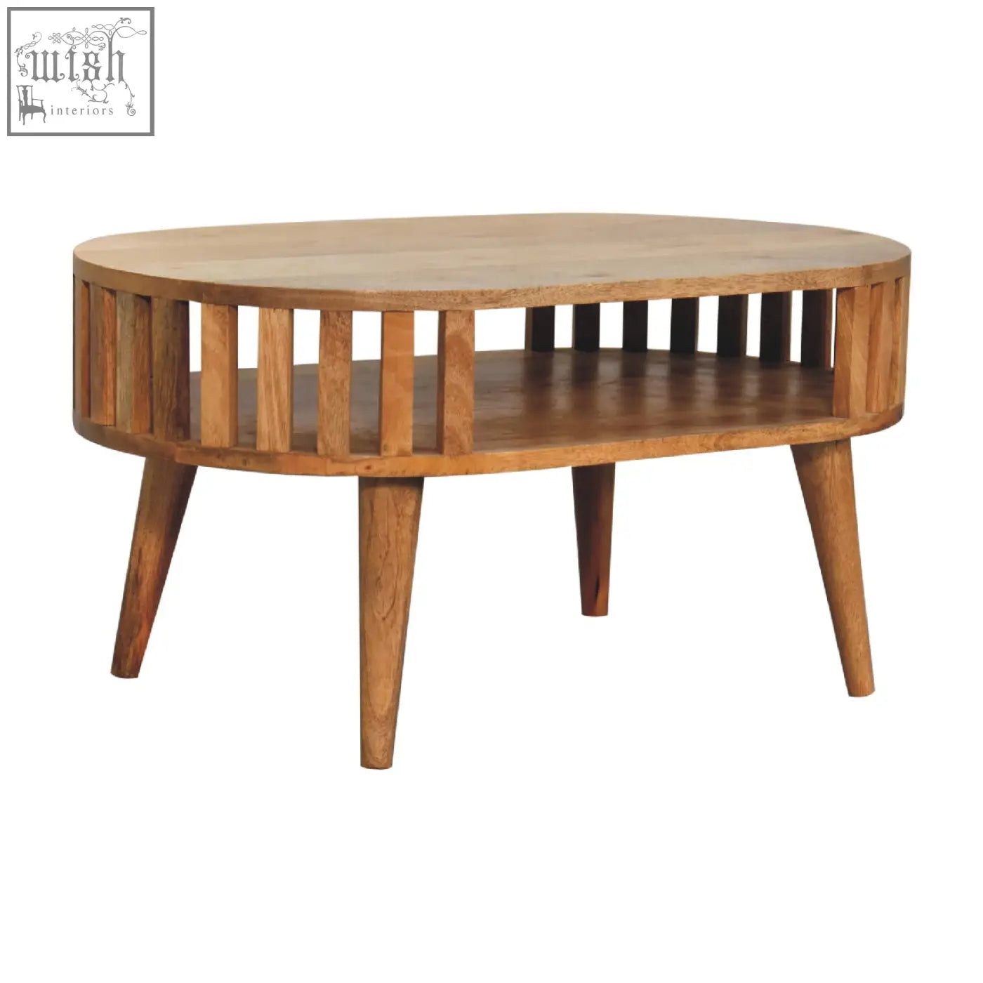 Ariella coffee table is a warm-toned oval coffee table with slatted sides and tapered legs made of solid mango wood