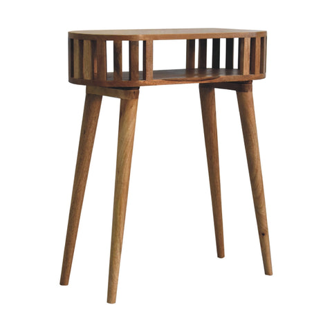 A mid-century modern ariella console table in wood with a slatted top and tapered legs for stylish storage