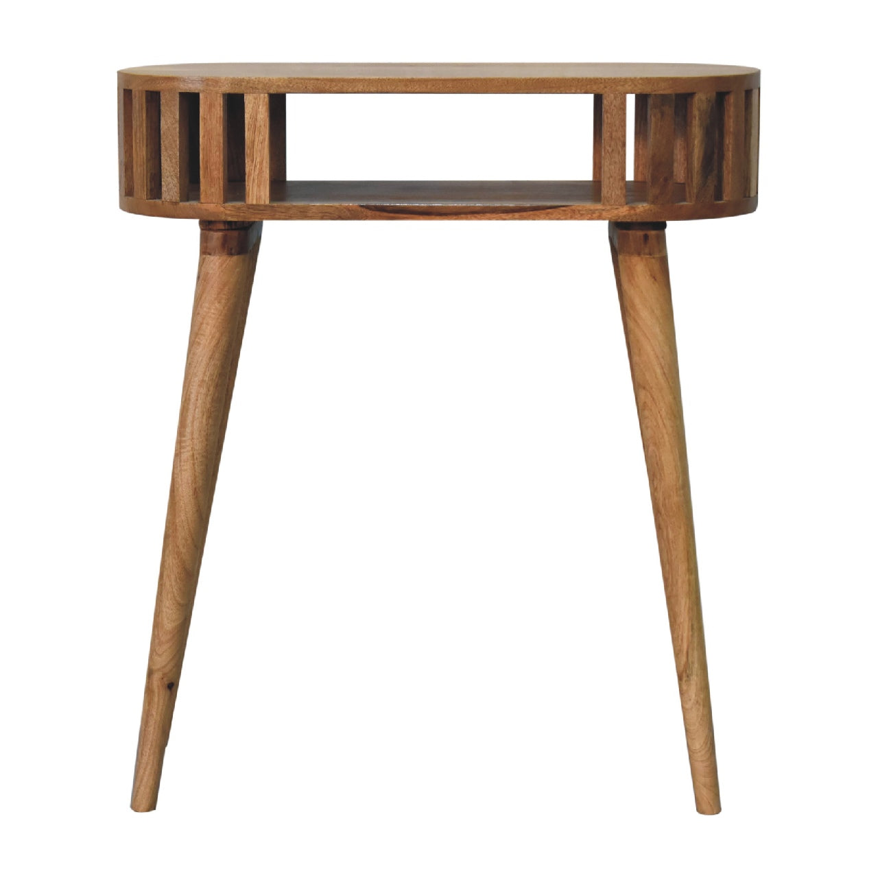 Ariella console table mid-century modern wooden side table with tapered legs and slatted top design in natural wood