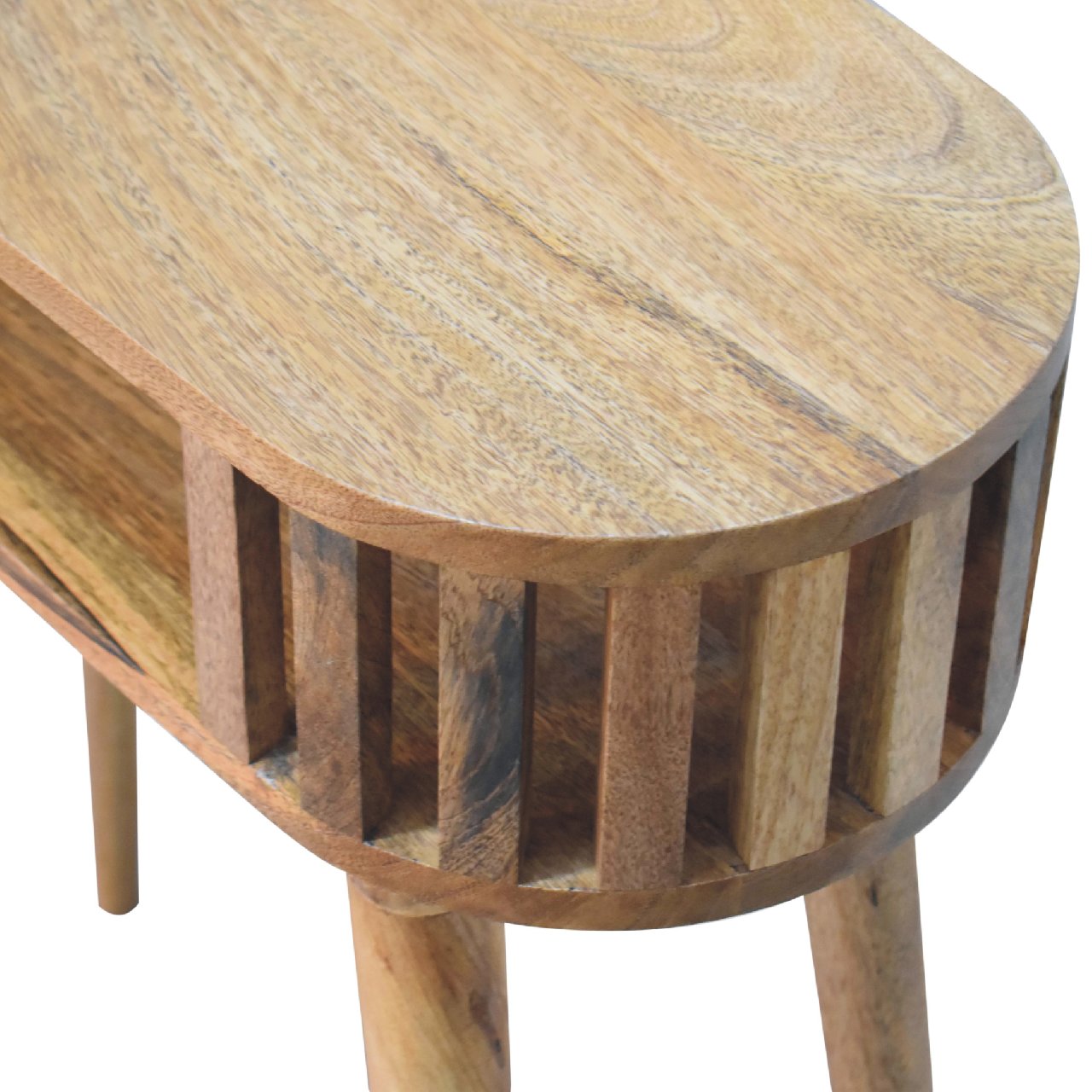 Ariella console table rustic oval coffee table with natural wood finish and vertical slat detailing on sides