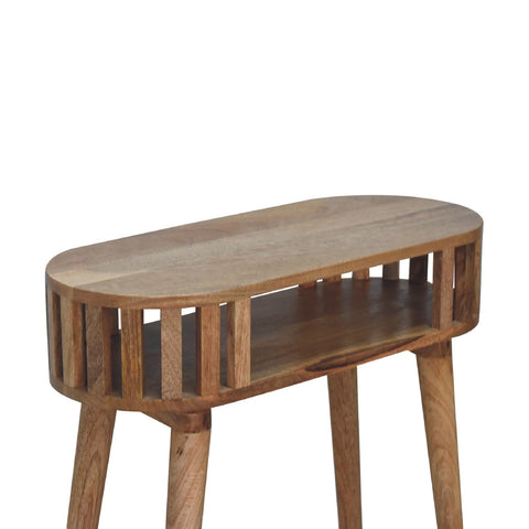 Rustic ariella console table with oval wooden top, slatted design, and tapered legs perfect for side use