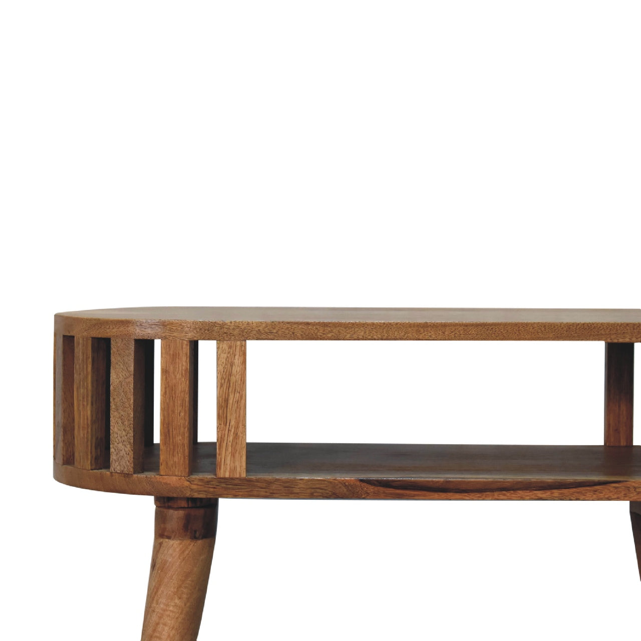 Ariella console table rustic wooden coffee table with warm medium-brown finish and vertical slats on curved front edge