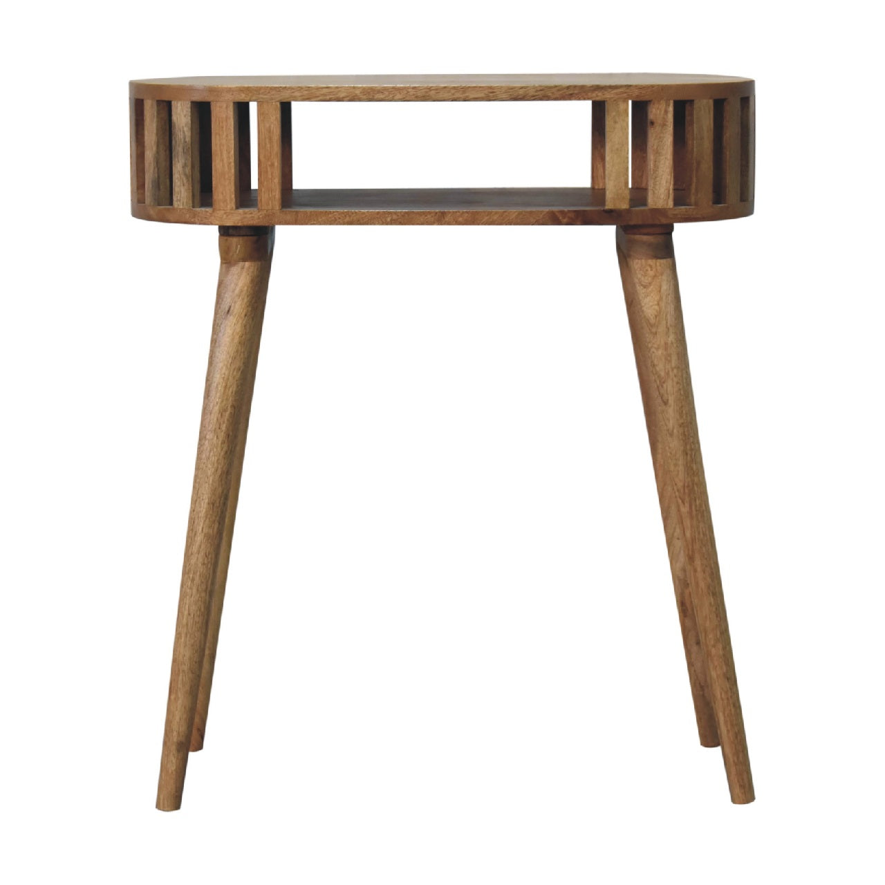 Rustic ariella console table with slatted wooden top and tapered legs perfect for entryway or living room use