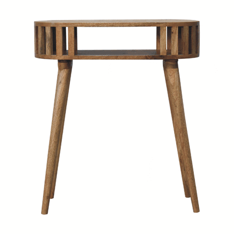 Ariella console table in rustic wood with slatted top and tapered legs perfect for entryway or living room