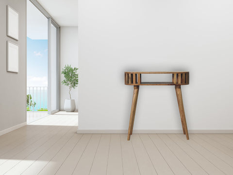 Ariella console table with rustic wooden slatted top and tapered legs perfect for entryway or living room use