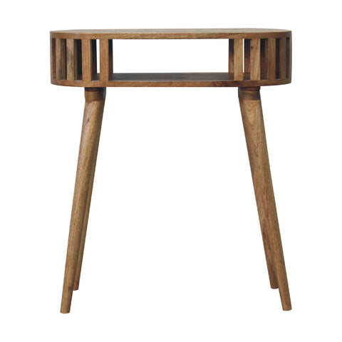 A rustic ariella console table with a slatted wooden top and tapered legs perfect for entryways or living rooms