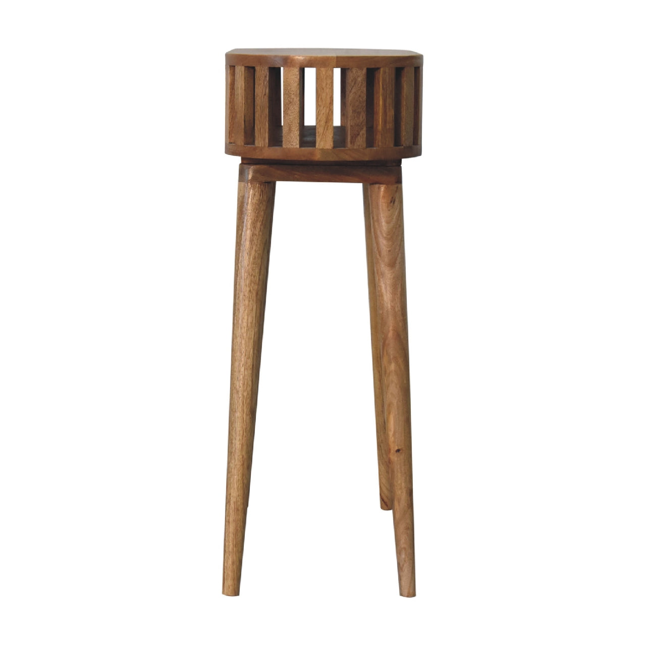 Ariella console table a sleek medium brown wooden plant stand with slatted top and tapered legs