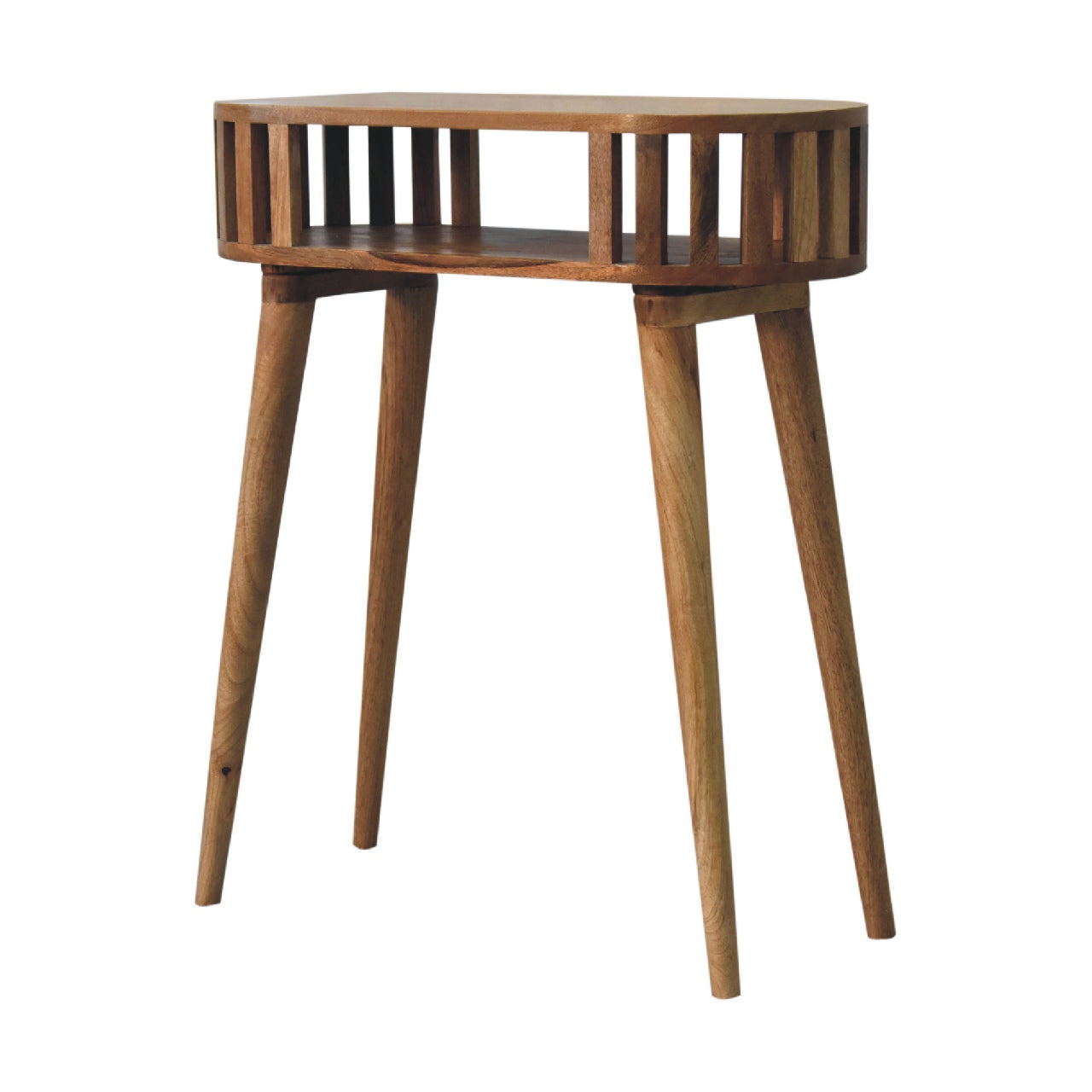 Ariella console table is a sleek oval wooden side table with a slatted top and tapered legs perfect for any room