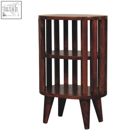 Dark brown ariella double shelf chestnut bedside table made of mango wood with vertical slats and three shelves