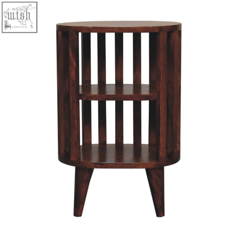 Dark brown mango wood ariella double shelf chestnut bedside table with vertical slats and two shelves
