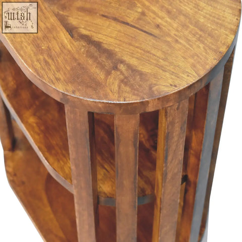 Rustic oval ariella double shelf chestnut bedside table in warm brown mango wood with vertical slatted sides