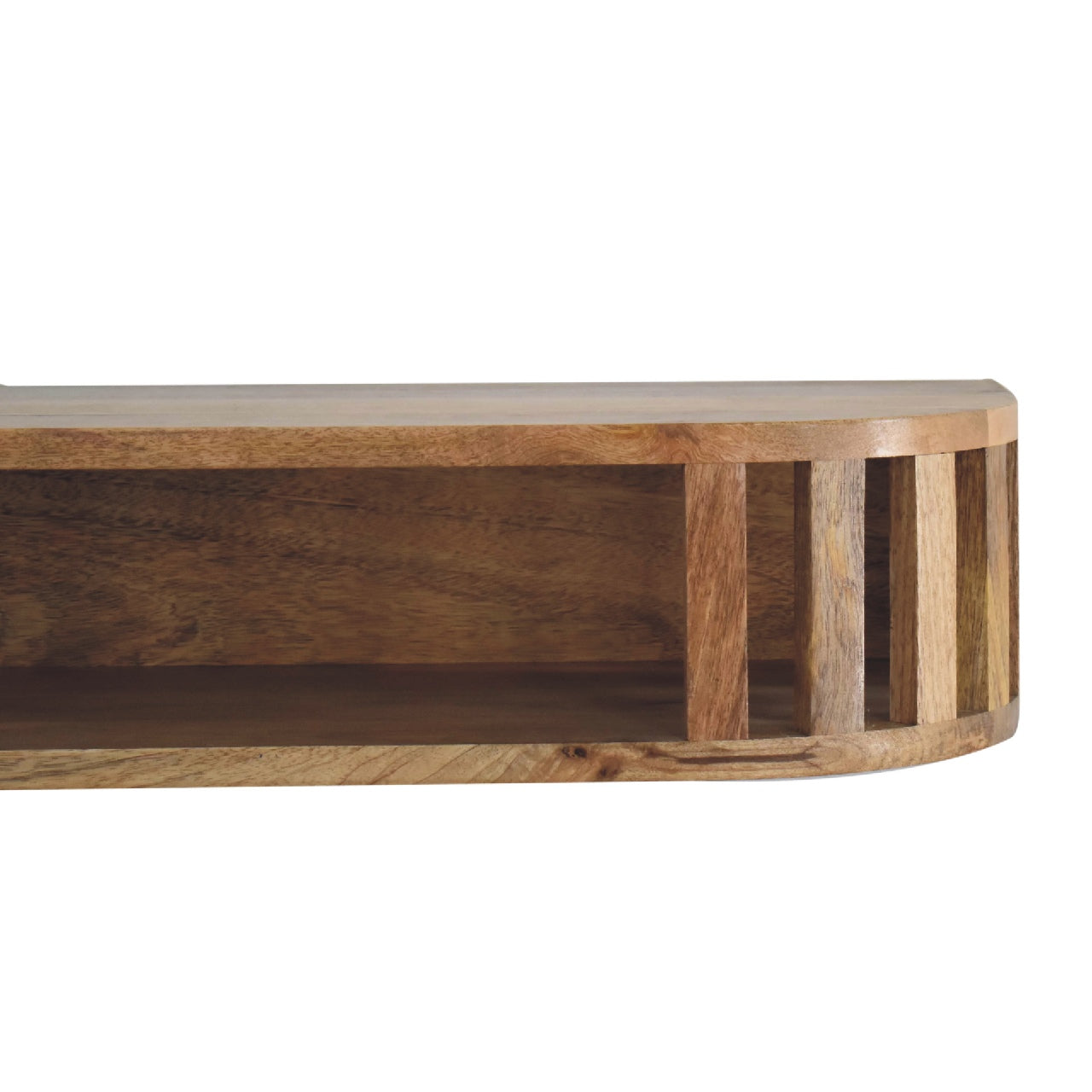 Curved wooden ariella floating console table with natural finish and vertical slat design floating shelf