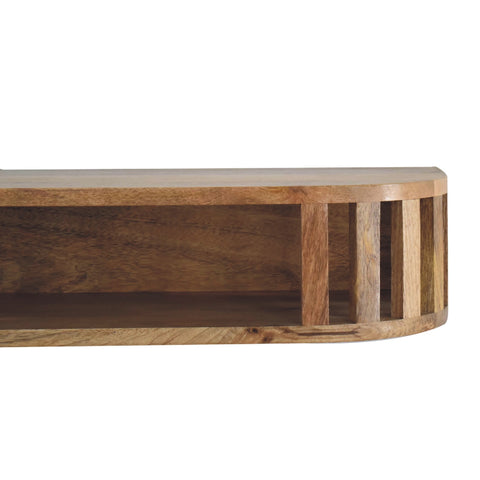 Curved wooden ariella floating console table with natural finish and vertical slat design floating shelf