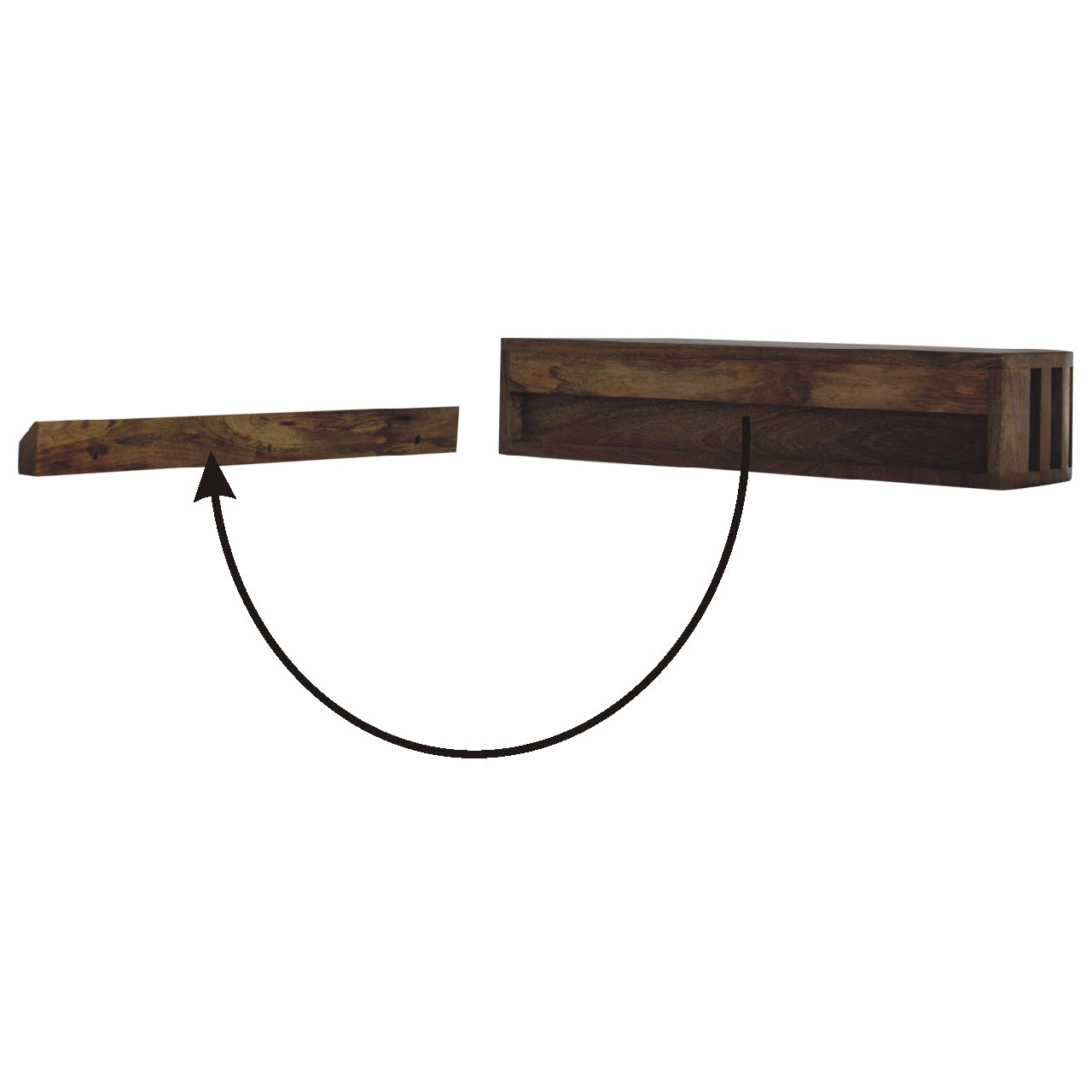 Dark brown wooden ariella floating console table with rustic handcrafted finish and visible wood grain texture