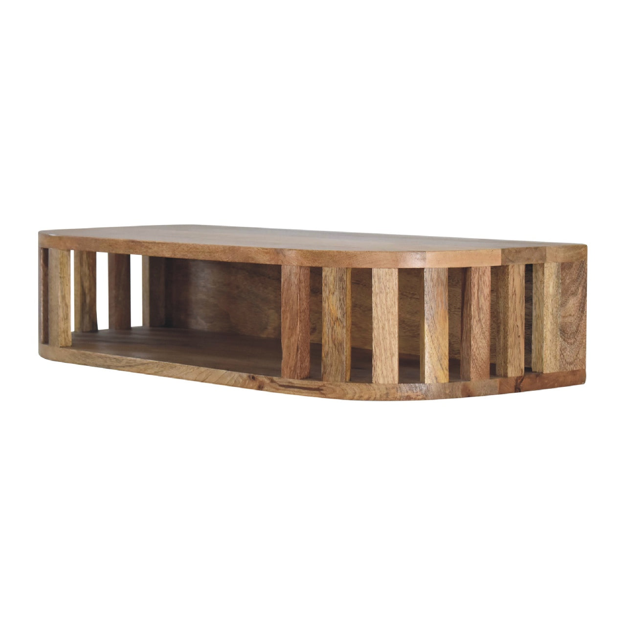 Ariella floating console table with a rustic oval wooden top, natural finish, and vertical slat design