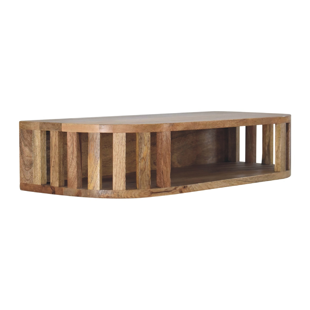 Ariella floating console table is a rustic oval wooden coffee table with a natural finish and vertical slat design