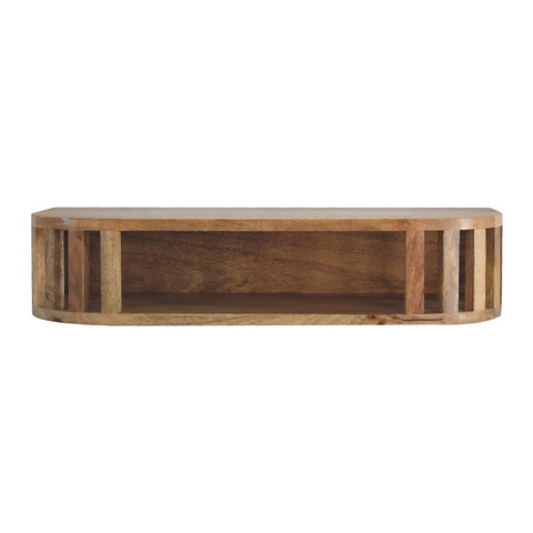 Ariella floating console table is a rustic oval wooden media console with natural finish and vertical slat sides