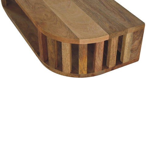 A rustic ariella floating console table with curved slatted base and natural wood grain finish