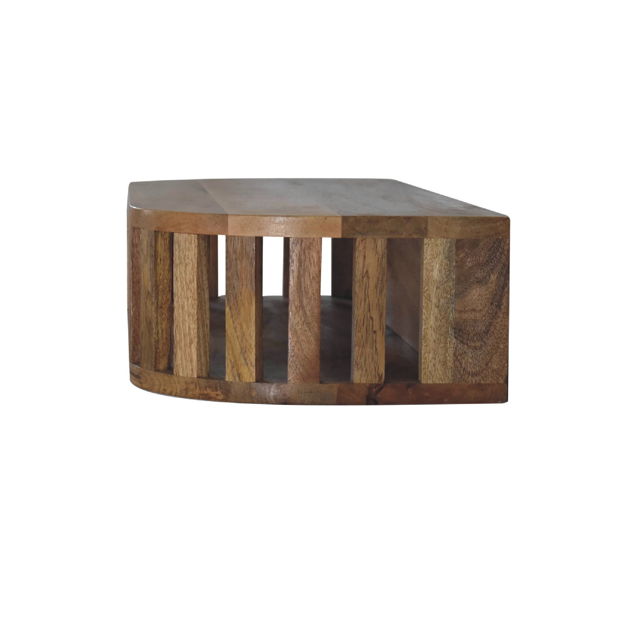 Ariella floating console table with a rustic wooden rectangular top and vertical slat sides for a cozy living space