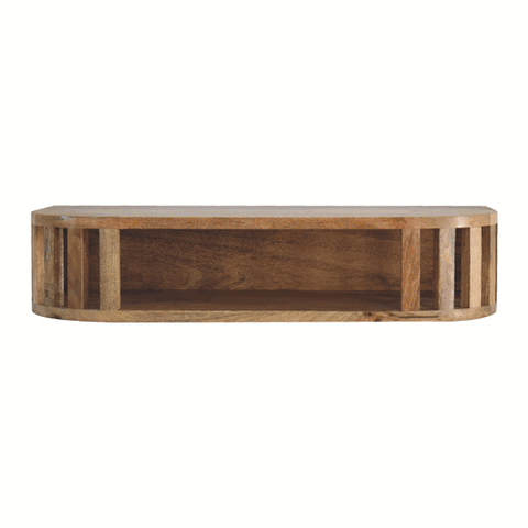 Ariella floating console table rustic wooden shelf with natural finish and vertical slat detailing on sides
