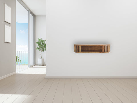 Ariella floating console table with a rustic wooden floating shelf natural finish and vertical slat detailing on sides