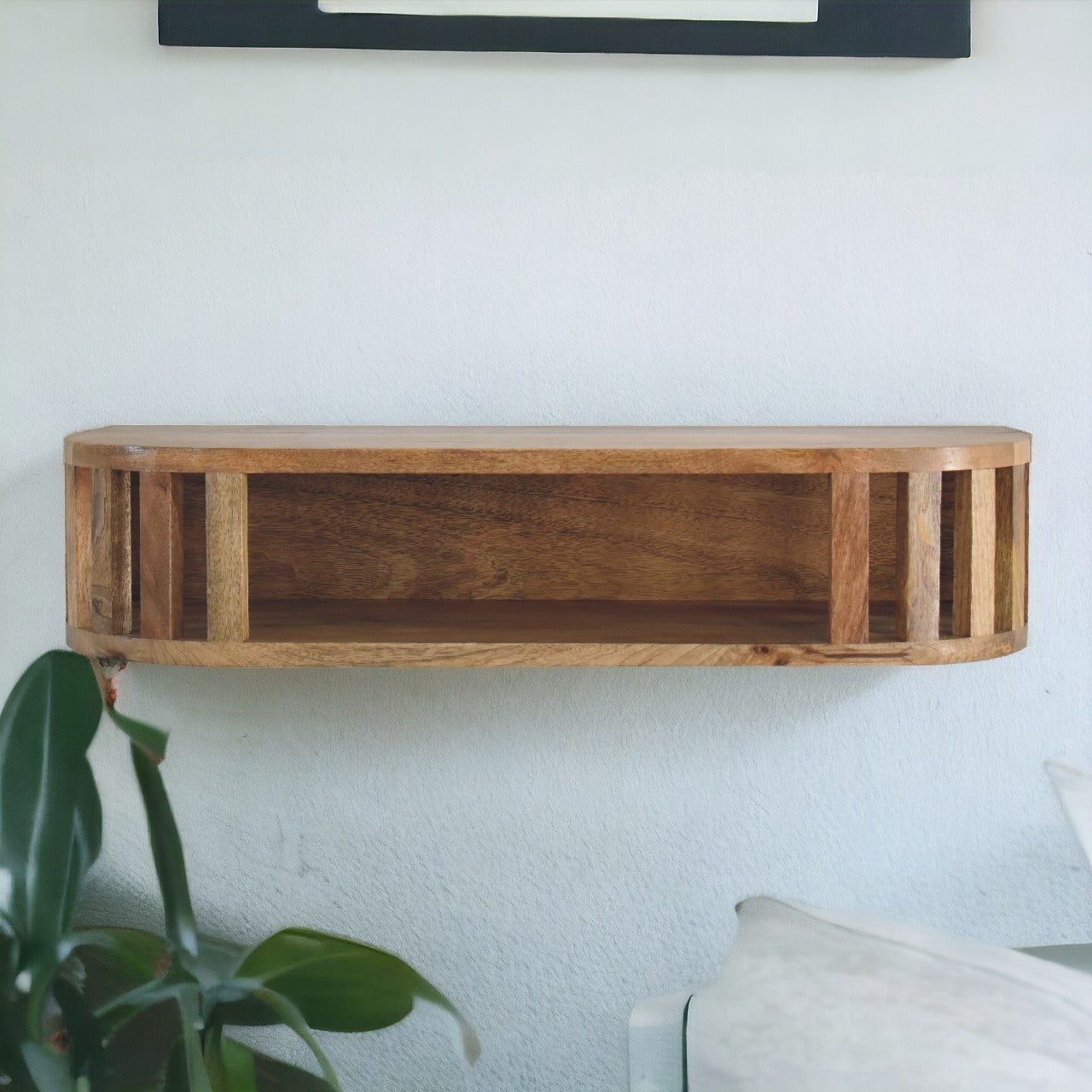 Ariella floating console table with rustic wooden floating shelf featuring warm natural finish and vertical slat design