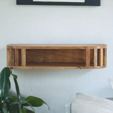 Ariella floating console table with rustic wooden floating shelf featuring warm natural finish and vertical slat design