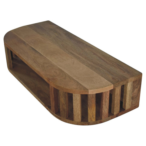 Ariella floating console table with sleek curved design natural wood finish and vertical slats on the sides