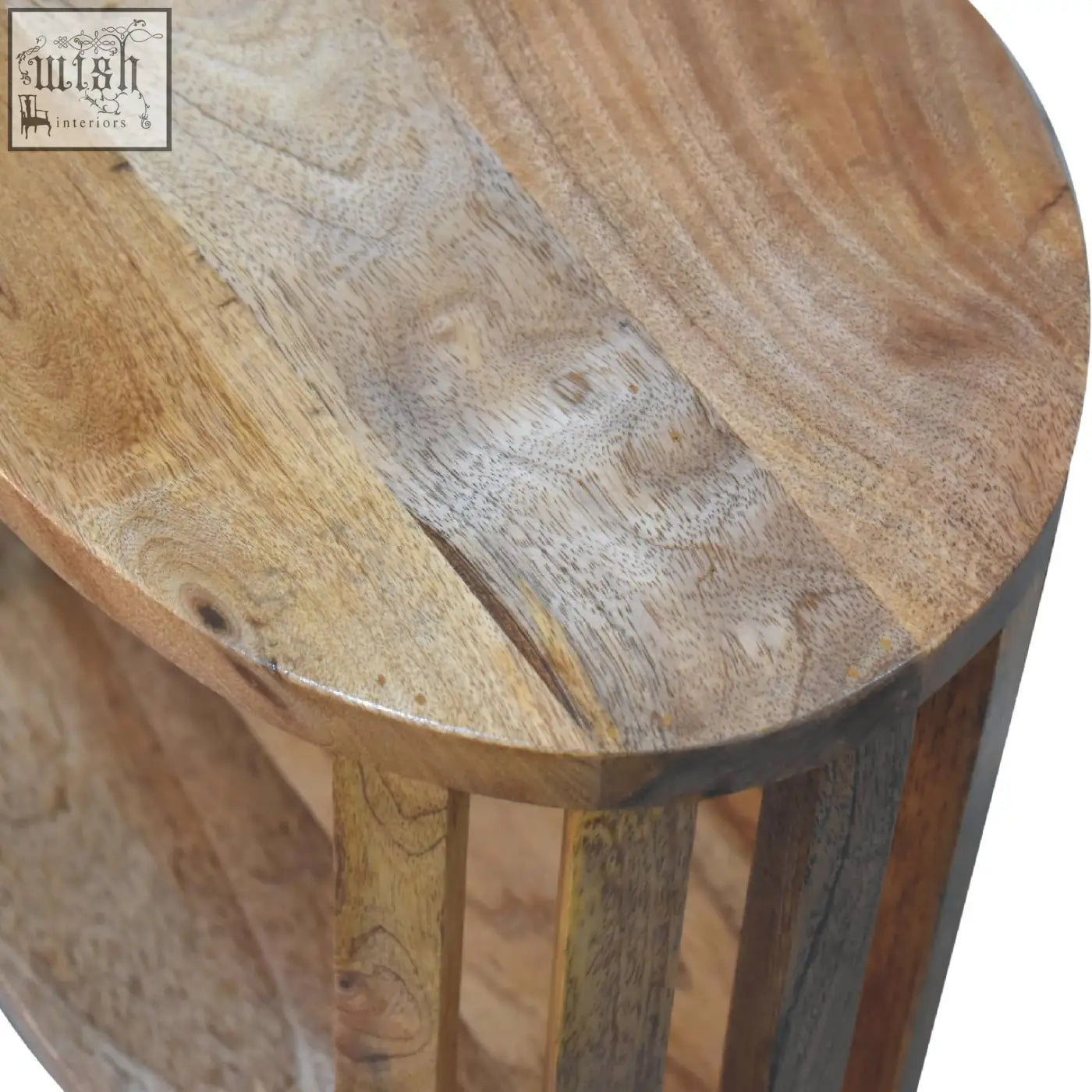 Ariella single shelf reclaimed wood oval side table with rustic natural finish and visible grain patterns
