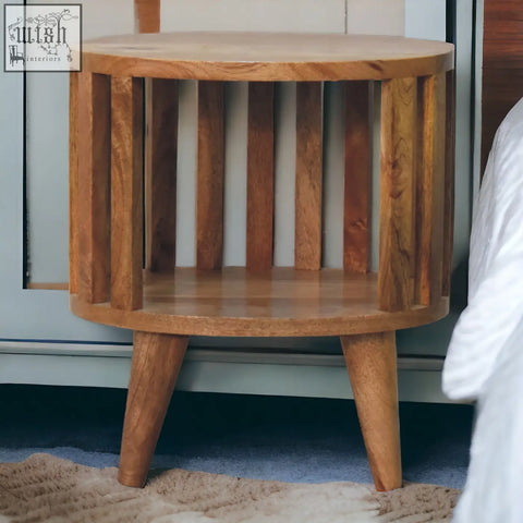 Ariella single shelf wooden nightstand with vertical slats and tapered legs for a stylish single shelf bedside table