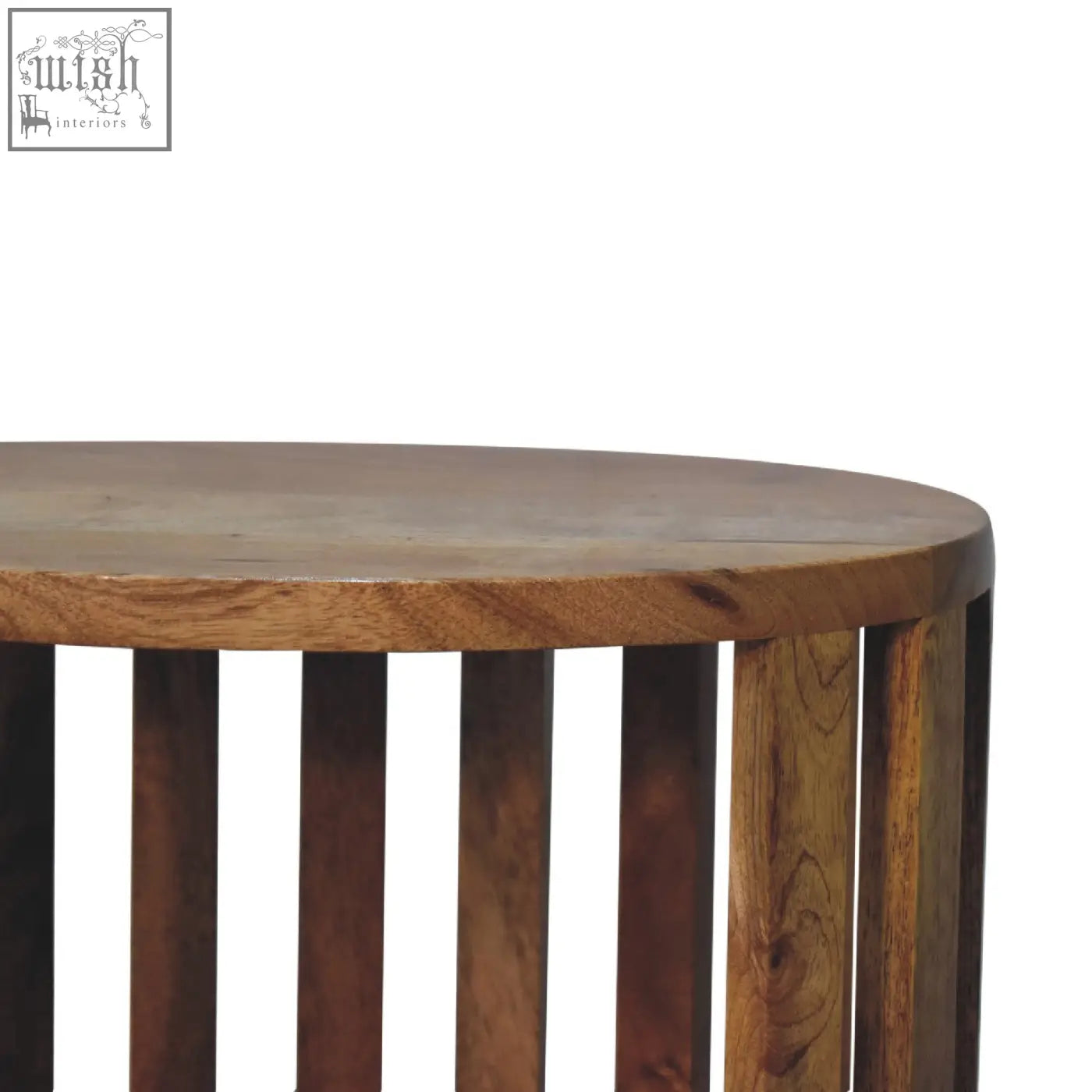 Ariella single shelf bedside table with a round light brown wooden top and vertical slat base for simple storage