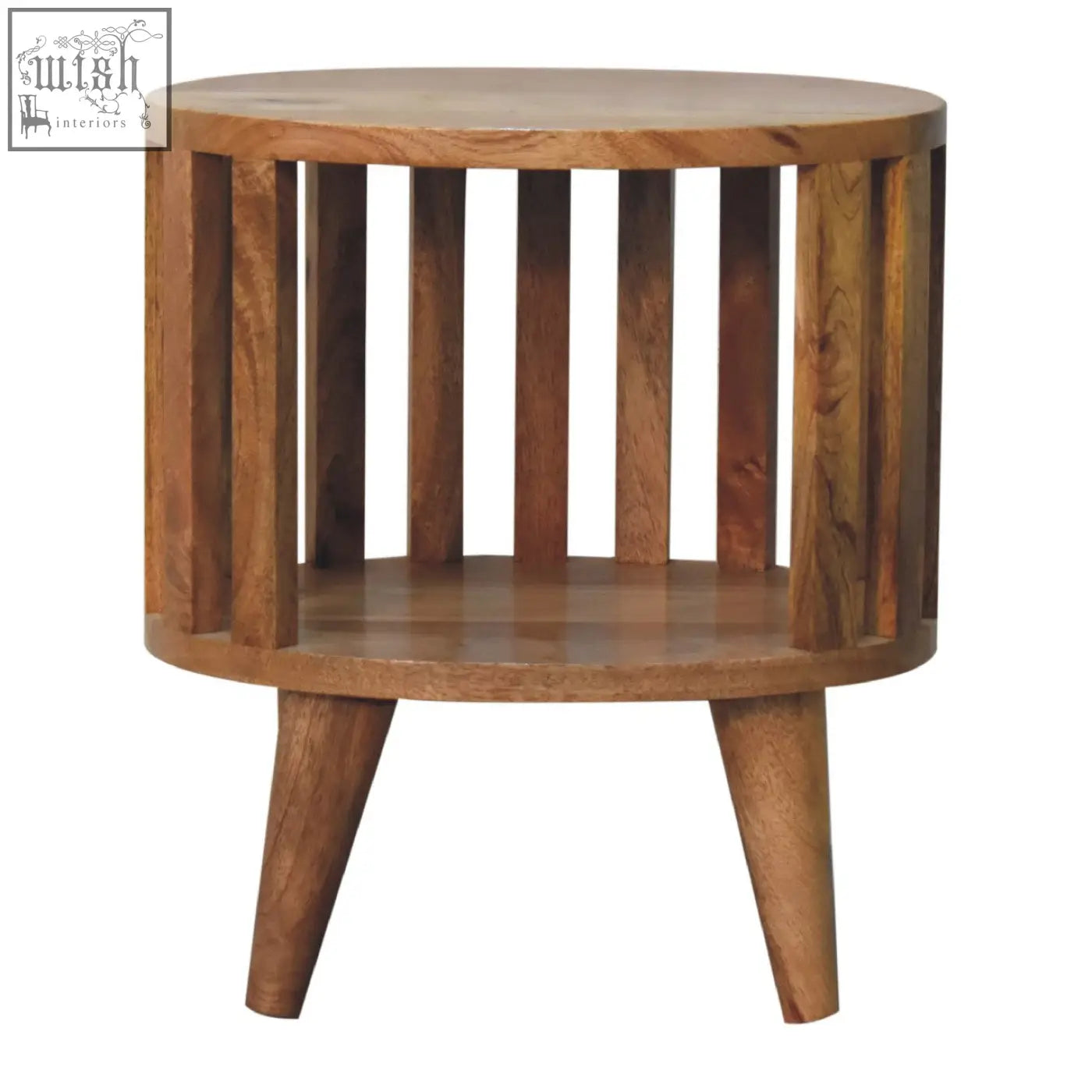 Round wooden ariella single shelf bedside table with vertical slats and tapered legs for stylish storage