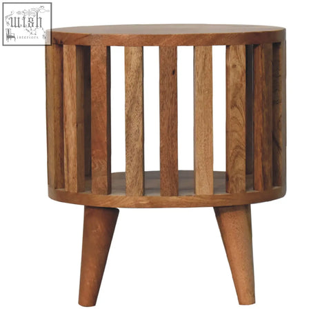 Ariella single shelf bedside table round wooden side table with vertical slats and tapered legs in natural finish