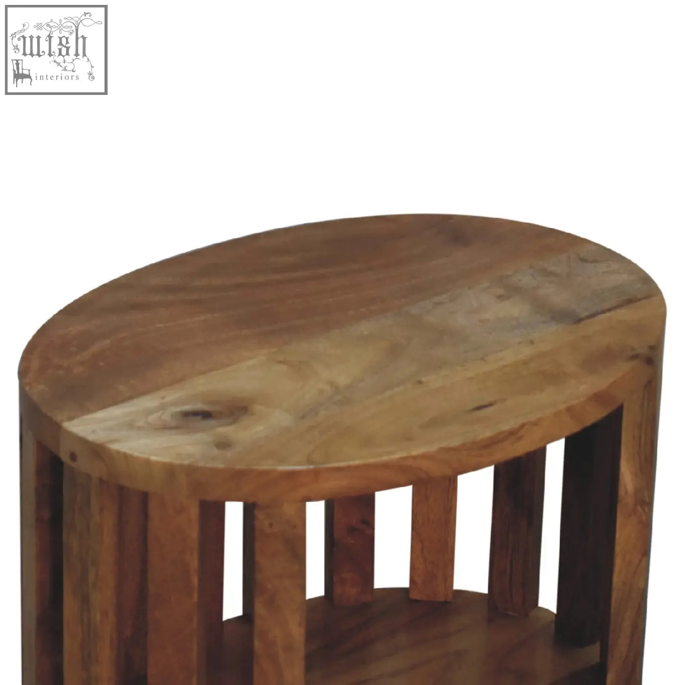 Rustic ariella single shelf bedside table with oval shape vertical slats and natural wood finish