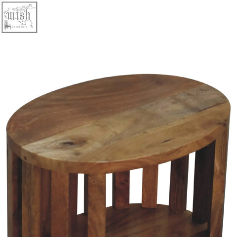 Rustic ariella single shelf bedside table with oval shape vertical slats and natural wood finish