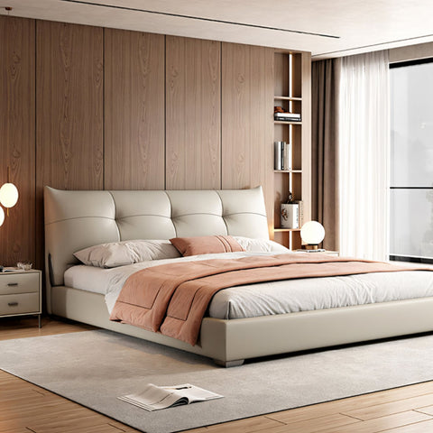 Beige tufted leather king size superking bed with sleek modern design and matching headboard by arjun
