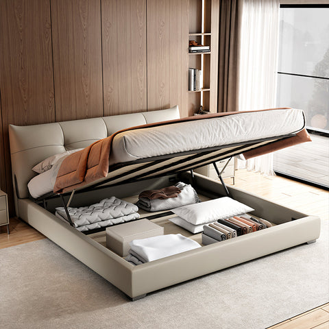 Beige leather arjun king size superking bed with lift-up storage base for extra space and comfort