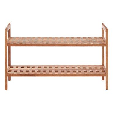 Arla 2 tier walnut wood shoe rack with wood grid design and natural bamboo finish perfect for shoe storage