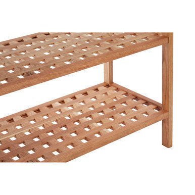 Light brown arla 2 tier walnut wood shoe rack with wood grid design and stackable two tiers for shoe storage