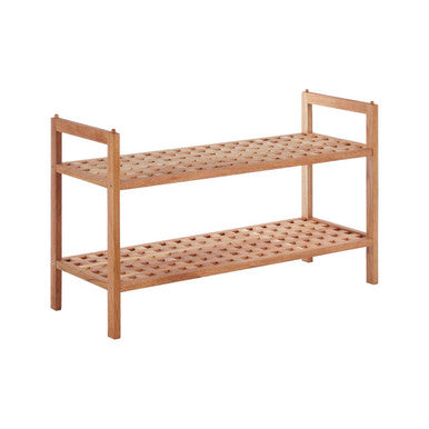 Arla 2 tier walnut wood shoe rack with light brown wood grid design and woven lattice shelves for stacking shoes