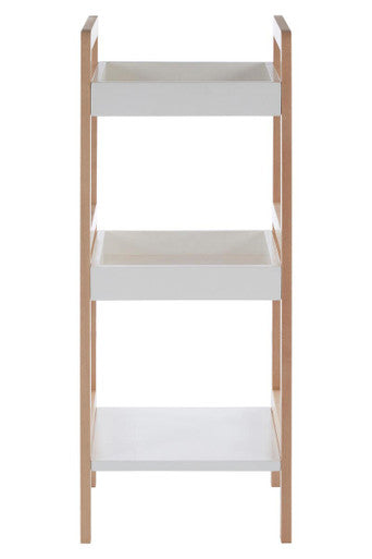 Arla 3 tier bathroom shelf unit with white and birchwood frame and clean minimalist design bathroom shelf