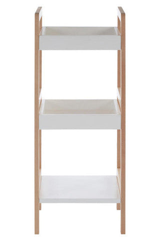 Arla 3 tier bathroom shelf unit with white and birchwood frame and clean minimalist design bathroom shelf