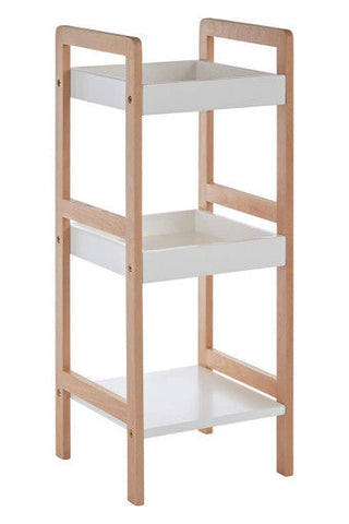 Minimalist arla 3 tier bathroom shelf unit with birchwood frame and white plastic shelves for bathroom storage